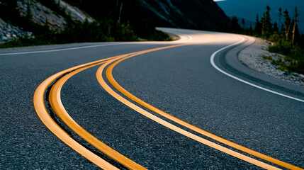 Obraz premium Winding asphalt road through mountainous landscape at dusk with yellow lane markings