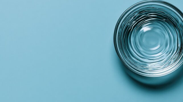 Glass jar with clear swirling liquid on blue background.