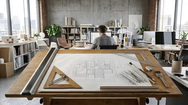 Architectural blueprint and drafting tools on a wooden table in a modern office where an architect works on a new project.
