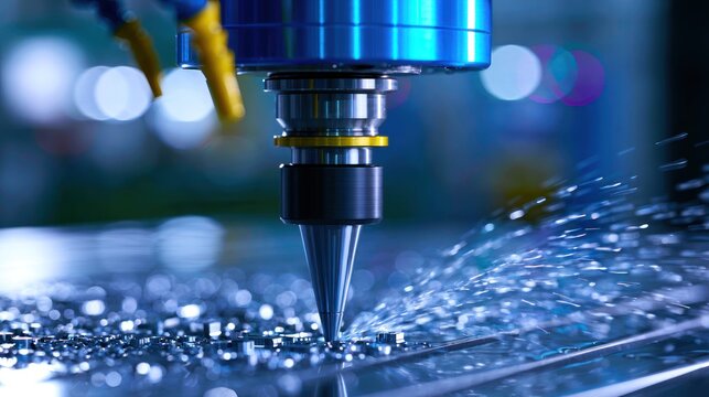 Close-up of a CNC machine precisely cutting metal with water coolant spraying, creating a dynamic industrial scene