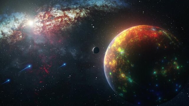 Mercury planet futuristic exoplanet concept with glowing alien light in dark space in 4K Ultra HD footage.
