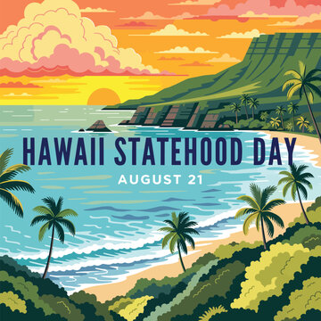 Hawaii Statehood Day August 21 Poster with Tropical Beach Sunset