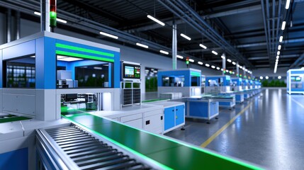 Obraz premium Modern factory with automated assembly lines, bright lighting, and advanced machinery in a spacious setting