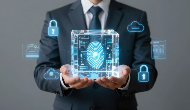 A corporate executive safeguards valuable digital assets inside an encrypted biometric security system while artificial intelligence protects sensitive information against cyber threats. 