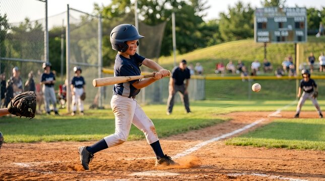Young boy swinging baseball bat at outdoor game, mid-swing action shot