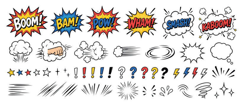 Colorful comic book style explosion sound effects collection.