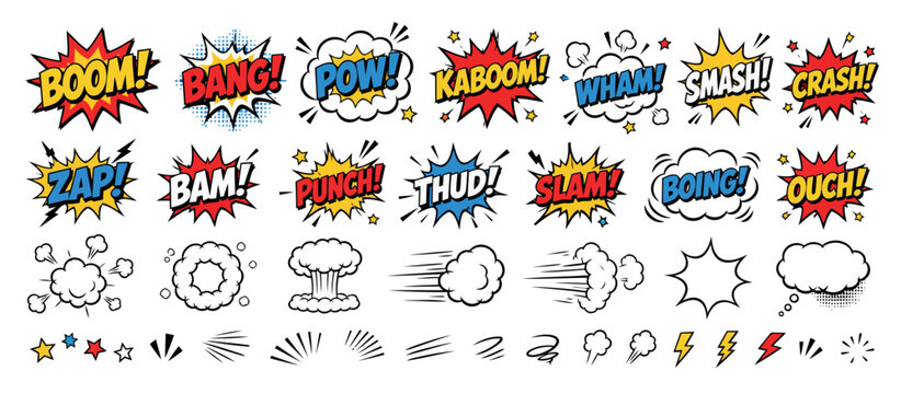 Colorful comic book style explosion sound effects collection.