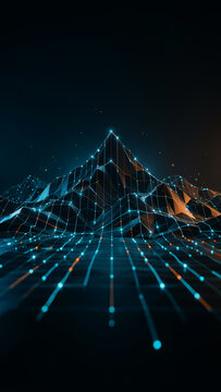 Futuristic digital mountain landscape with glowing circuit board pathways and data streaming lines mountain landscape technology abstract connectivity innovation background