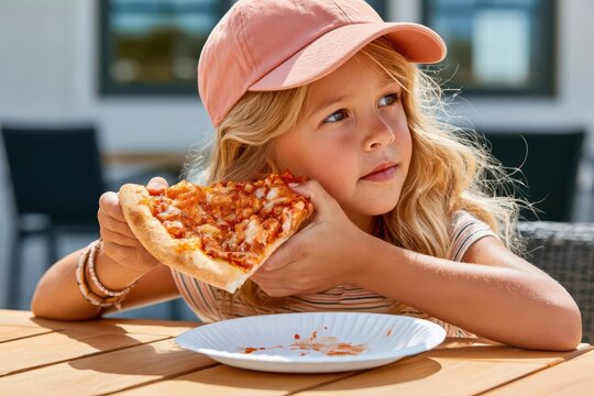 Young girl eating pizza outdoors on a sunny day while wearing a pink cap and striped shirt