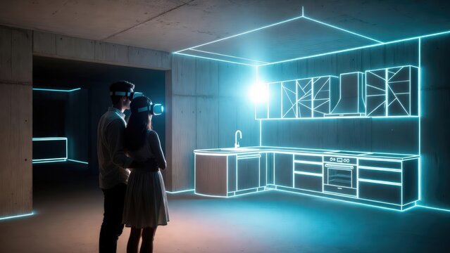 Couple wearing virtual reality headsets viewing a holographic projection of a modern kitchen design in a concrete interior.