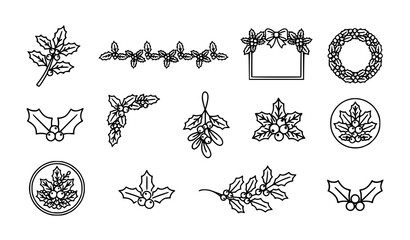 Christmas holly line icons collection with sprigs, borders, wreath, frame, mistletoe, and berry ornament designs in outline vector style © Abdullahall