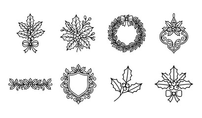 Christmas holly outline illustrations with decorative wreath, ornament, shield, bow, and berry sprig designs in elegant vector line art © Abdullahall