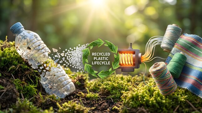 Recycled Plastic Lifecycle Concept from Waste Bottle to Fabric