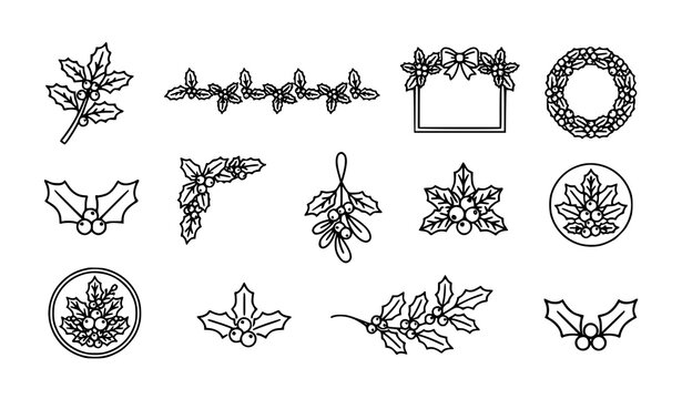 Christmas holly line icons collection with sprigs, borders, wreath, frame, mistletoe, and berry ornament designs in outline vector style