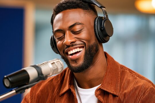 Smiling Black man singing into a microphone while wearing headphones in a recording studio session