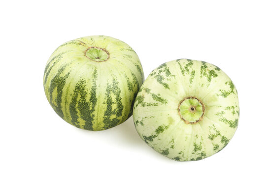 Fresh Green Striped Melons Isolated on White Background - Healthy Organic Fruit