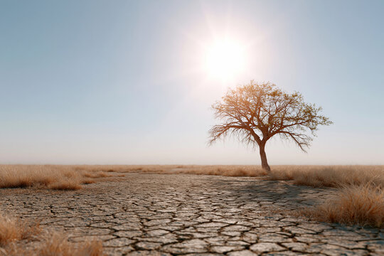 Single tree stands tall in cracked earth. Sun shines brightly overhead, casting soft light. Desert landscape stretches wide and quiet. Dry grasses dot the parched ground. Image evokes loneliness