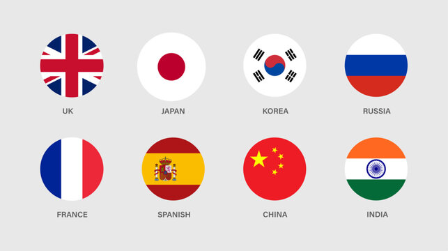 Collection of round country flags for language selector and localization design, featuring English, Japanese, Korean, Russian, French, Spanish, Chinese, and Hindi language options.
