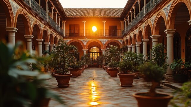 Sunlit courtyard with terracotta arches and potted plants