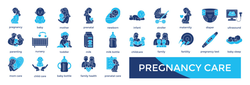 PREGNANCY CARE icon set collection pack. containing pregnancy, baby, mother, prenatal, newborn, infant, stroller, maternity, diaper, ultrasound icon