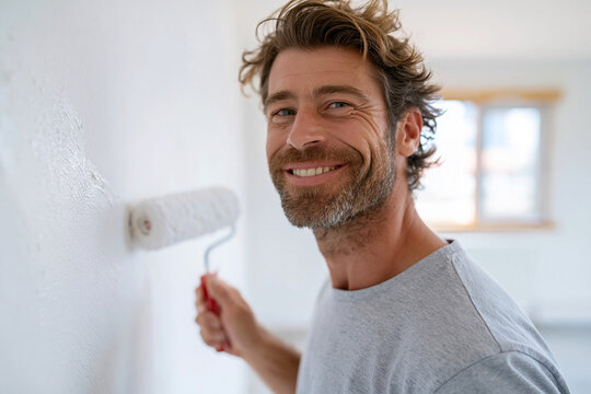 Man smiles while painting a wall. He holds a roller with care. Sunlight glows through a window. His expression feels joyful. Perfect for home improvement projects. Ideal for DIY, renovation