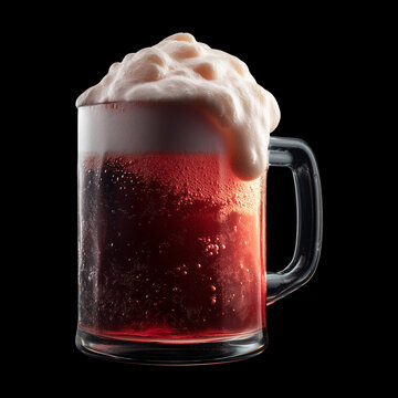 Foamy red ale beer in a mug glass with creamy foam head, isolated on black background, concept of refreshment and taste