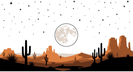 Desert night landscape with full moon and cactus silhouettes © herdi