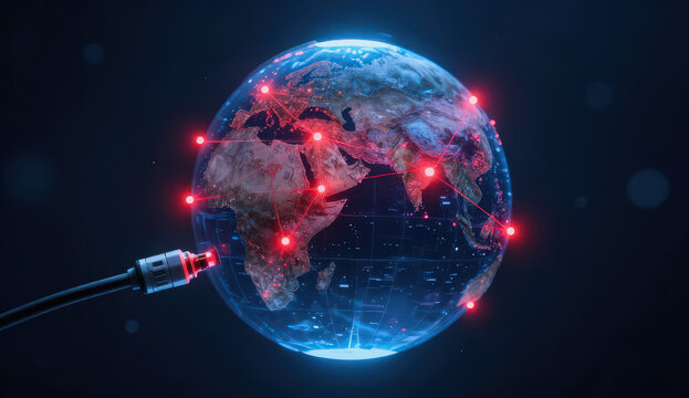 A dramatic global financial district is surrounded by falling economic indicators and collapsing market graphs as investors monitor declining markets across continents. The moody editorial concept rep