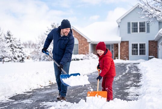 A happy father and his young son wearing winter coats laughing while shoveling thick snow from their suburban home driveway.