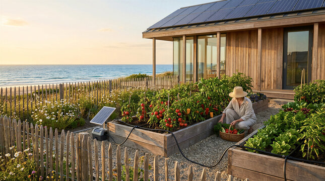 Vegetable garden beach woman harvesting organic produce from raised beds at a modern solar powered coastal home at sunset