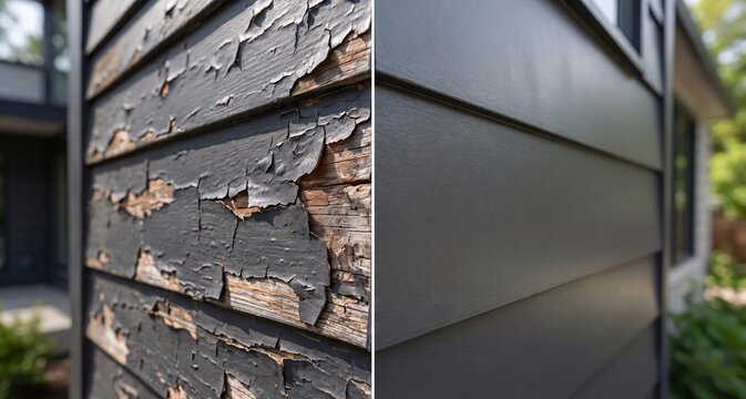 A before and after comparison showing old, peeling dark paint on weathered wooden siding next to a freshly painted, smooth, and restored wall surface, home renovation.