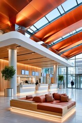 Obraz premium Modern airport terminal lobby with skylight ceiling, check-in desks and contemporary seating for business travelers