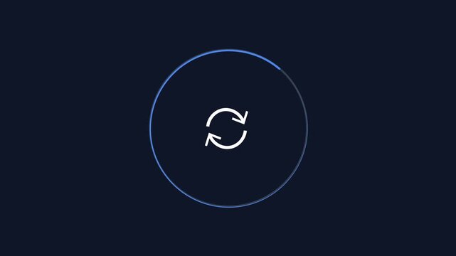Minimal animated sync refresh icon with a circular progress outline on a dark background. Modern motion graphic for synchronization, data refresh, update, loading, and technology interfaces.
