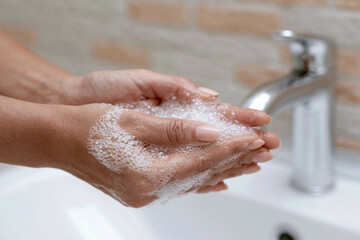 Fototapeta premium Hands wash with soapy foam near a modern faucet. Warm tones highlight cleanliness and care. The scene conveys hygiene and personal attention. Ideal for health, wellness, or daily routine content