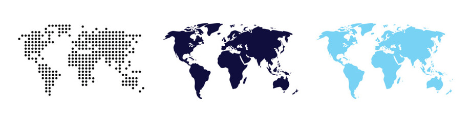 Fototapeta premium World Map Collection: A set of three stylized world maps in grey, dark blue, and light blue, each representing different styles and color palettes of global representation.