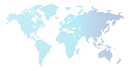 Global Pixel Map: A world map composed of countless small blue and cyan pixels, representing interconnectedness and the digital age. © Vector By Thakur