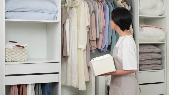 Housewife homemaker woman in apron carefully organizing and putting clothes outfit, minimalist wardrobe with fabric mins, folding and arranging garments on for tidy, cleanliness and efficient storage
