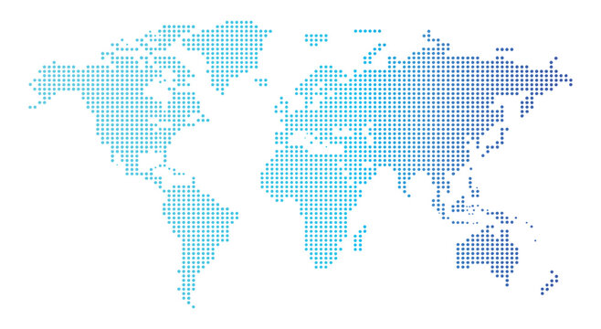 Global Pixel Map: A world map composed of countless small blue and cyan pixels, representing interconnectedness and the digital age.