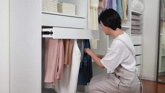 Housewife woman in apron carefully organizing and putting clothes outfit into wardrobe, folding arranging garments for cleanliness efficient storage, emphasizing tidy, organized home environment.