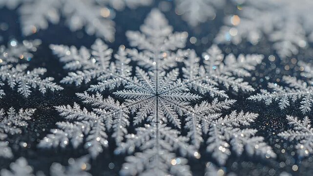 Intricate ice crystal patterns form delicate snowflake shapes on a dark surface