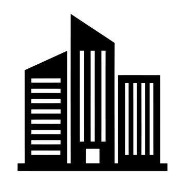 Skyscrapers depicted as a minimalist black icon represent a modern corporate headquarters or business district urban environment.