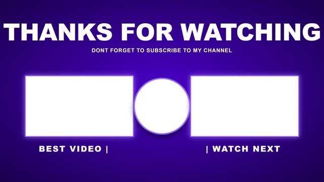 End screen template for video channel with placeholders for videos and subscribe button on purple background