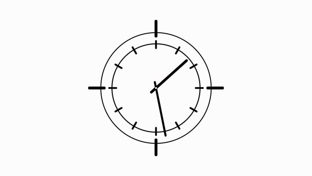 A simple black and white line of a circular clock face with hour and minute hands indicating approximately ten minutes past one o'clock. The clock has outer and inner rings with tick marks for
