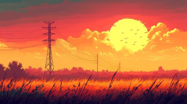 Sunset over a field with power lines