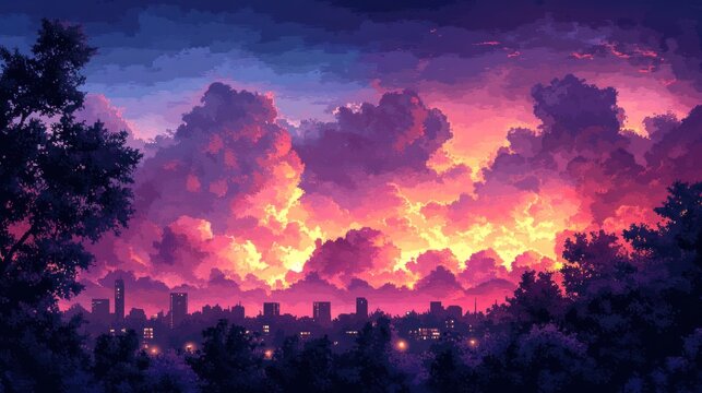 Sunset over city, pixel art