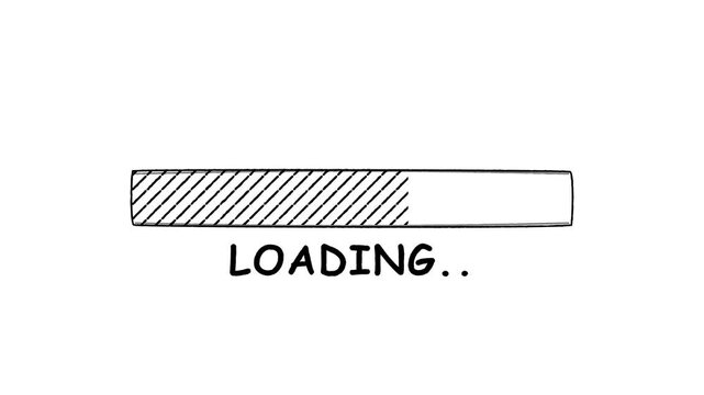 Hand drawn sketch style loading bar animation with text on white background