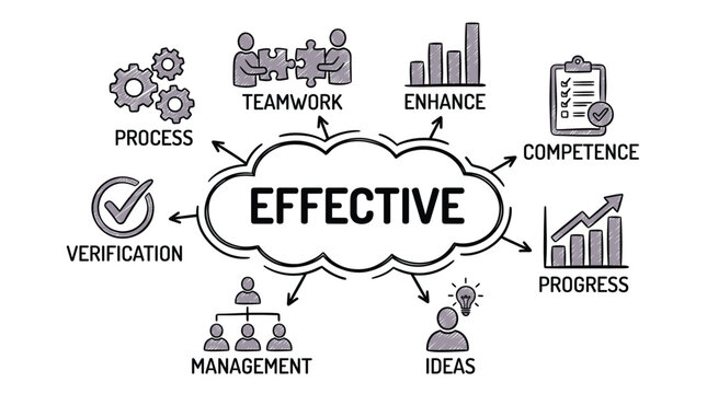Effective business concept diagram with hand drawn icons and strategy charts for management success and productivity