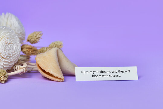 Fortune cookie with motivational text on paper saying 'Nurture your dreams, and they will bloom with success' on violet background with dried flowers