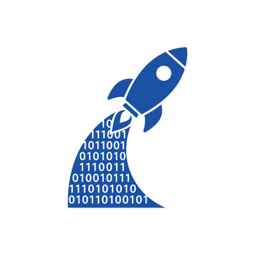 A blue rocket icon launching with binary code trail effect
