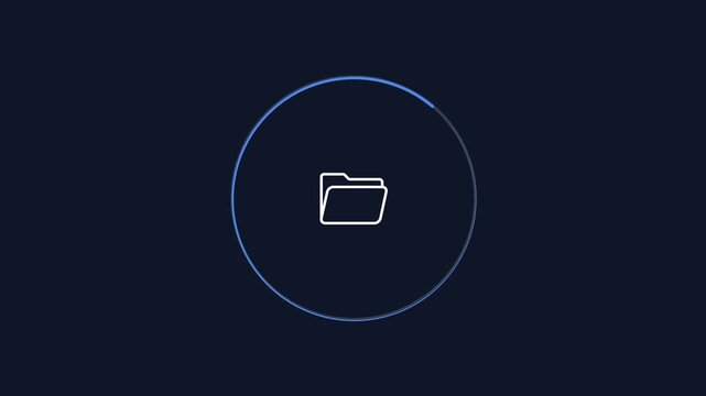 Minimal animated folder icon inside a circular progress outline on a dark background. Modern motion graphic for file management, document organization, storage, and technology interfaces.